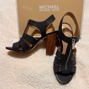 Michael Kors Damita Sandal Admiral Blue zipper leather chunky high heel 8.5M